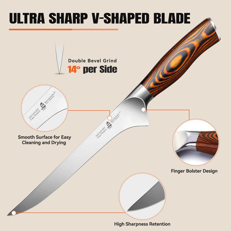 TUO سكين بونينغ TUO، سكين فيليه حادة بطول 7 بوصات لتقليم اللحم مع العظام، مقبض من خشب باكواود بتصميم خشبي، فولاذ ألماني عالي الكربون، صندوق هدايا متضمن - Image 5